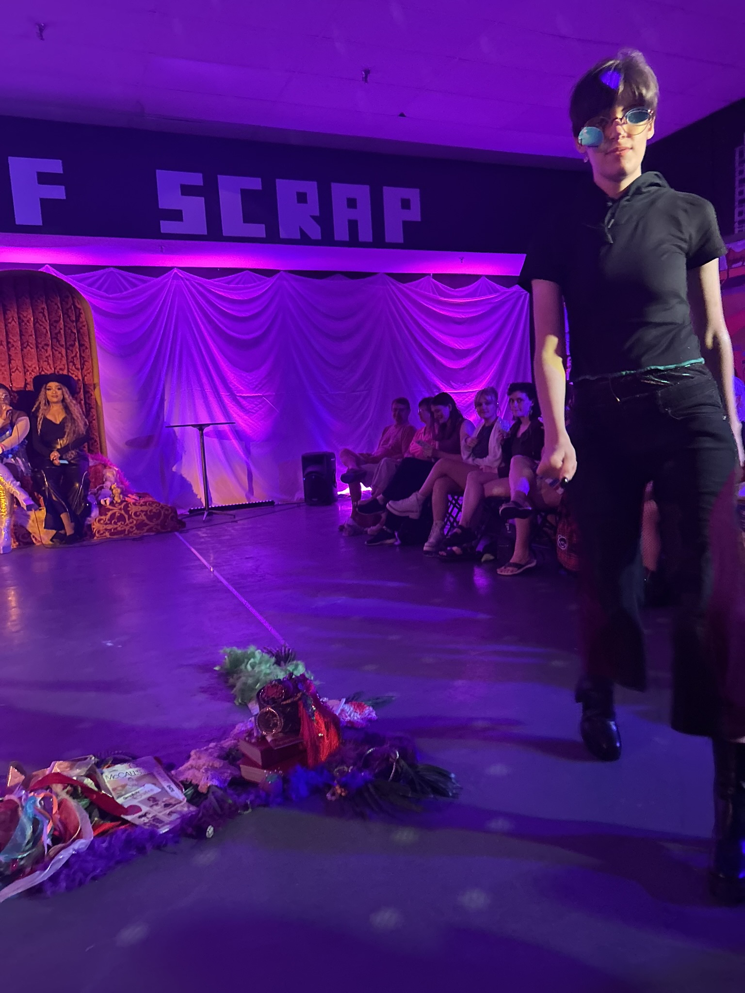 Tobin Travis modeling the upcycling look from Bee Mangine's Reboot collection.