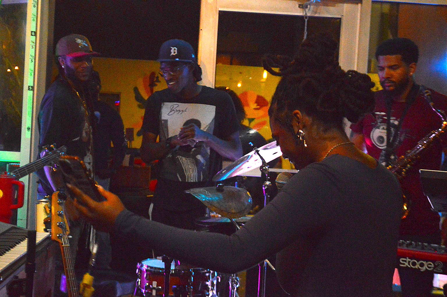 Musicians play together during a jam at Lucky Tree.